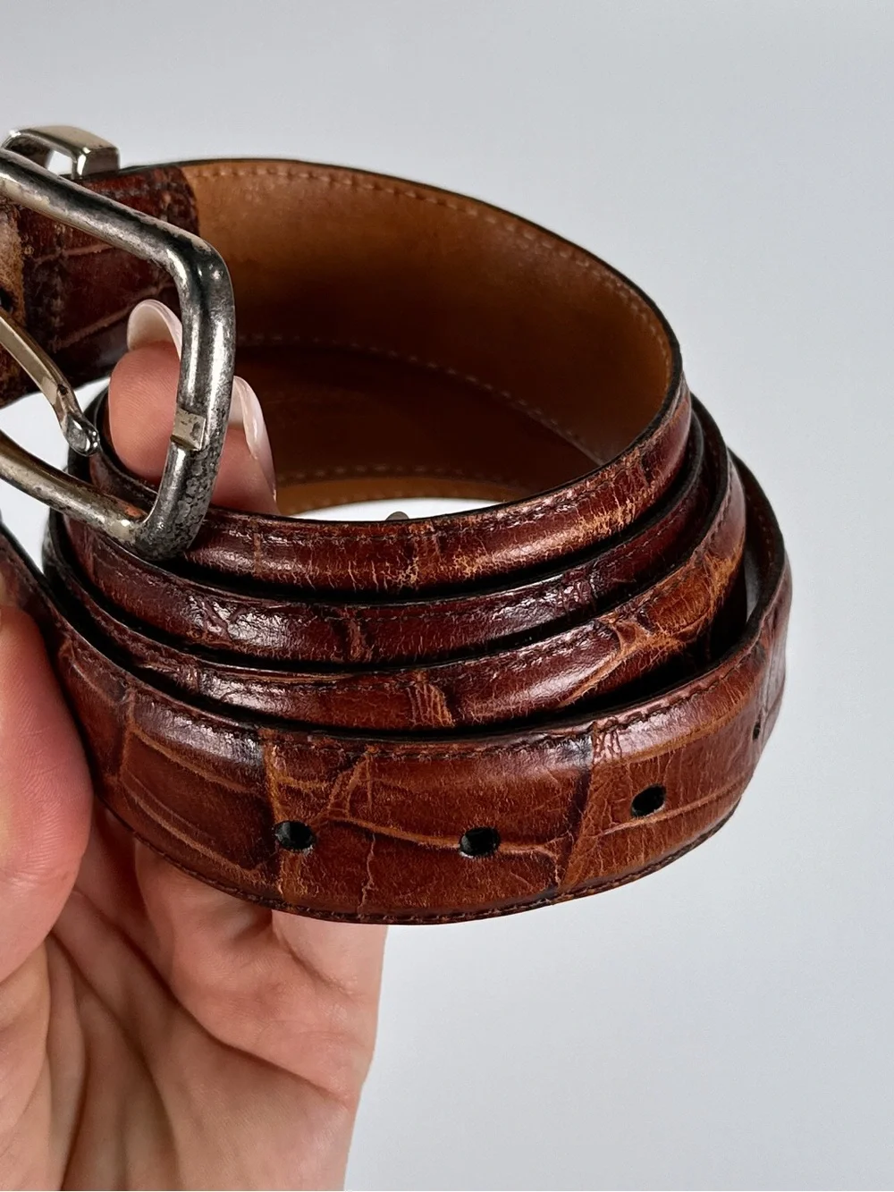 Martin Dingman Belt 01602 Alligator Grain Italian Calfskin Brass Buckle Brown 42